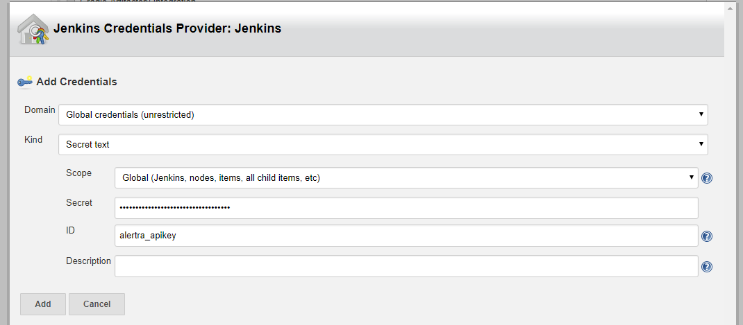 Image Showing Jenkins Credentials Provider - Add Credentials for Alertra